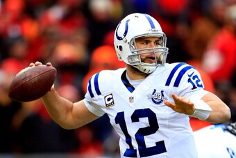 KANSAS CITY, MO - DECEMBER 22:  Quarterback Andrew Luck #12 of the Indianapolis Colts passes during the game against the Kansas City Chiefs at Arrowhead Stadium on December 22, 2013 in Kansas City, Missouri.  (Photo by Jamie Squire/Getty Images)