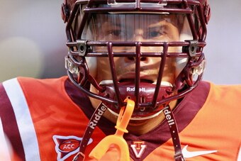 BLACKSBURG, VA - SEPTEMBER 03:  Defensive end James Gayle #99 of the Virginia Tech Hokies stands on the field prior to the Hokies' game against the Georgia Tech Yellow Jackets at Lane Stadium on September 3, 2012 in Blacksburg, Virginia.  (Photo by Geoff 