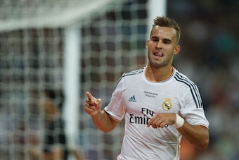MADRID, SPAIN - AUGUST 22:  Jese Rodriguez of Real Madrid CF celebrates scoring the team's fifth goal during the Santiago Bernabeu Trophy match between Real Madrid CF and Al-Sadd at Estadio Santiago Bernabeu on August 22, 2013 in Madrid, Spain.  (Photo by