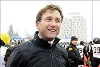 Dec 21, 2013; Cheney, WA, USA; Towson Tigers head coach Rob Ambrose celebrates after a game against the Eastern Washington Eagles at Roos Field. The Tiger beat Eagles 35-31. Mandatory Credit: James Snook-USA TODAY Sports