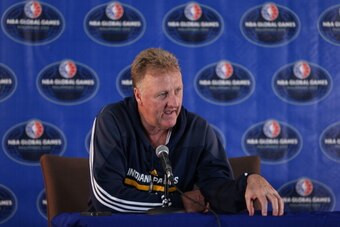 MANILA, PHILIPPINES - OCTOBER 9:  President of Basketball Operations Larry Bird of the Indiana Pacers speaks to the media during media availability as part of 2013 Global Games on October 9, 2013 at Mall of Asia Arena in Manila, Philippines. NOTE TO USER: