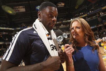 INDIANAPOLIS - NOVEMBER 11: Lance Stephenson #1 of the Indiana Pacers is interviewed after posting his first career triple double against the Memphis Grizzlies at Bankers Life Fieldhouse on November 11, 2013 in Indianapolis, Indiana.  NOTE TO USER: User e