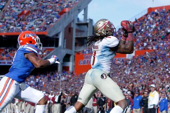 Nov 30, 2013; Gainesville, FL, USA; Florida State Seminoles wide receiver Kelvin Benjamin (1) catches the ball for a touchdown against the Florida Gators during the second half at Ben Hill Griffin Stadium. Florida State Seminoles defeated the Florida Gato