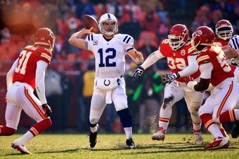 KANSAS CITY, MO - DECEMBER 23:  Quarterback Andrew Luck #12 of the Indianapolis Colts in action during the game against the Kansas City Chiefs at Arrowhead Stadium on December 23, 2012 in Kansas City, Missouri.  (Photo by Jamie Squire/Getty Images)