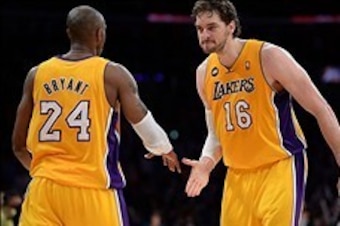 Apr 9, 2013; Los Angeles, CA, USA;  Los Angeles Lakers power forward Pau Gasol (16) and shooting guard Kobe Bryant (24) in the second half against the New Orleans Hornets at the Staples Center. Lakers won 104-96. Mandatory Credit: Jayne Kamin-Oncea-USA TO