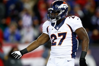 FOXBORO, MA - NOVEMBER 24: Running back Knowshon Moreno #27 of the Denver Broncos reacts after a play against the New England Patriots during a game at Gillette Stadium on November 24, 2013 in Foxboro, Massachusetts.  (Photo by Jared Wickerham/Getty Image