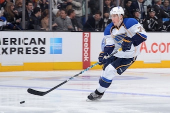 LOS ANGELES, CA - DECEMBER 2:  T.J. Oshie #74 of the St. Louis Blues skates with the puck against the Los Angeles Kings at Staples Center on December 2, 2013 in Los Angeles, California. (Photo by Noah Graham/NHLI via Getty Images)