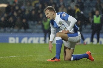 BLACKBURN, ENGLAND - DECEMBER 26: Dejection for Jordan Rhodes of Blackburn Rovers reacts after a missed chance to score during the Sky Bet Championship match between Blackburn Rovers and Sheffield Wednesday at Ewood Park on December 26, 2013 in Blackburn,