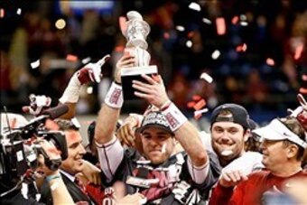 Jan 2, 2014; New Orleans, LA, USA;  Oklahoma Sooners quarterback Trevor Knight (9) celebrates following a win over Alabama Crimson Tide in a game at the Mercedes-Benz Superdome. Oklahoma defeated Alabama 45-31. Mandatory Credit: Derick E. Hingle-USA TODAY
