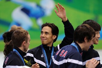 VANCOUVER, BC - FEBRUARY 26:  Bronze medalist Apolo Anton Ohno (C) of the United States celebrates with team mates J.R. Celski, Simon Cho, Travis Jayner and Jordan Malone after the Men's 5000m Relay Short Track Speed Skating Final on day 15 of the 2010 Va