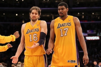 LOS ANGELES, CA - MAY 19:  Pau Gasol #16 and Andrew Bynum #17 of the Los Angeles Lakers react after losing 103-100 to the Oklahoma City Thunder in Game Four of the Western Conference Semifinals in the 2012 NBA Playoffs on May 19 at Staples Center in Los A