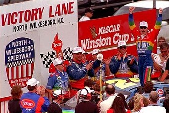 Jeff Gordon celebrates his win in the final North Wilkesboro event, September 1996.