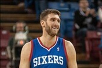 Jan 2, 2014; Sacramento, CA, USA; Philadelphia 76ers center Spencer Hawes (00) smiles at the referee after being called for a foul during the third quarter at Sleep Train Arena. The Philadelphia 76ers defeated the Sacramento Kings 113-104. Mandatory Credi