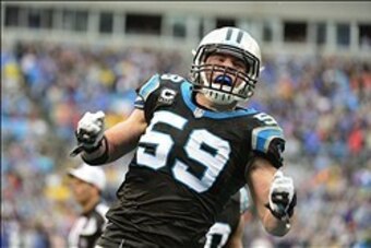 Dec 22, 2013; Charlotte, NC, USA; Carolina Panthers middle linebacker Luke Kuechly (59) reacts in the fourth quarter. The Panthers defeated the Saint 17-13 at Bank of America Stadium. Mandatory Credit: Bob Donnan-USA TODAY Sports