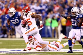 INDIANAPOLIS, IN - JANUARY 04: Wide receiver A.J. Jenkins #15 of the Kansas City Chiefs runs with the ball against the Indianapolis Colts during a Wild Card Playoff game at Lucas Oil Stadium on January 4, 2014 in Indianapolis, Indiana.  (Photo by Andy Lyo