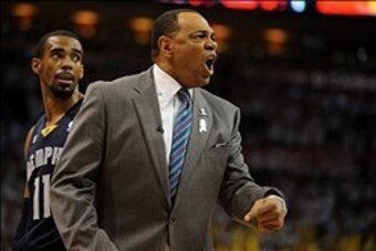 May 15, 2013; Oklahoma City, OK, USA; Memphis Grizzlies head coach Lionel Hollins reacts to a call in action against the Oklahoma City Thunder during the second half in game five of the second round of the 2013 NBA Playoffs at Chesapeake Energy Arena. The