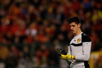 BRUSSELS, BELGIUM - OCTOBER 15:  Goalkeeper, Thibaut Courtois of Belgium in action during the FIFA 2014 World Cup Qualifying Group A match between Belgium and Wales at King Baudouin Stadium on October 15, 2013 in Brussels, Belgium.  (Photo by Dean Mouhtar