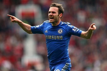 MANCHESTER, ENGLAND - MAY 05:  Juan Mata of Chelsea celebrates after scoring the winning goal during the Barclays Premier League match between Manchester United and Chelsea at Old Trafford on May 5, 2013 in Manchester, England.  (Photo by Alex Livesey/Get