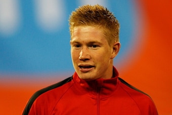 BRUSSELS, BELGIUM - OCTOBER 15:  Kevin De Bruyne of Belgium stands for the national anthem prior to the FIFA 2014 World Cup Qualifying Group A match between Belgium and Wales at King Baudouin Stadium on October 15, 2013 in Brussels, Belgium.  (Photo by De