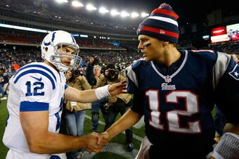 FOXBORO, MA - NOVEMBER 18: Andrew Luck #12 of the Indianapolis Colts shakes hands with Tom Brady #12 of the New England Patriots following their game on November 18, 2012 at Gillette Stadium in Foxboro, Massachusetts.  (Photo by Jared Wickerham/Getty Imag