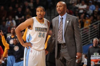 DENVER, CO - NOVEMBER 7: Andre Miller #24 of the Denver Nuggets speaks with Brian Shaw Head Coach against the Atlanta Hawks on November 7, 2013 at the Pepsi Center in Denver, Colorado. NOTE TO USER: User expressly acknowledges and agrees that, by download