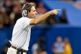Jan 2, 2014; New Orleans, LA, USA;  Alabama Crimson Tide head coach Nick Saban against the Oklahoma Sooners during the second quarter of a game at the Mercedes-Benz Superdome. Mandatory Credit: Derick E. Hingle-USA TODAY Sports