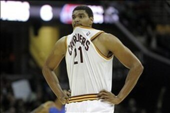 Dec 23, 2013; Cleveland, OH, USA; Cleveland Cavaliers center Andrew Bynum reacts in the second quarter against the Detroit Pistons at Quicken Loans Arena. Mandatory Credit: David Richard-USA TODAY Sports