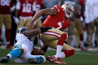 SAN FRANCISCO, CA - NOVEMBER 10: Colin Kaepernick #7 of the San Francisco 49ers is sacked by Greg Hardy #76 of the Carolina Panthers at Candlestick Park on November 10, 2013 in San Francisco, California. (Photo by Ezra Shaw/Getty Images) SAN FRANCISCO, CA - NOVEMBER 10: Colin Kaepernick #7 of the San Francisco 49ers is sacked by Greg Hardy #76 of the Carolina Panthers at Candlestick Park on November 10, 2013 in San Francisco, California. (Photo by Ezra Shaw/Getty Images)
