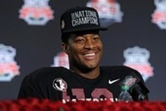 Jan 6, 2014; Pasadena, CA, USA; Florida State Seminoles quarterback Jameis Winston (5) at a press conference after the 2014 BCS National Championship game against the Auburn Tigers at the Rose Bowl.  Mandatory Credit: Kirby Lee-USA TODAY Sports