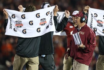 Jan 6, 2014; Pasadena, CA, USA; Florida State Seminoles head coach Jimbo Fisher on the sideline against the Auburn Tigers during the second half of the 2014 BCS National Championship game at the Rose Bowl.  Mandatory Credit: Matthew Emmons-USA TODAY Sport