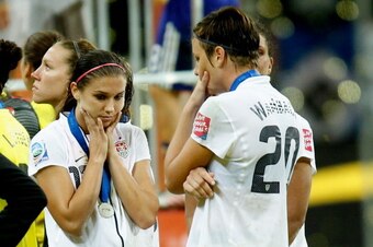 FRANKFURT AM MAIN, GERMANY - JULY 17:  Alex Morgan and Abby Wambach of USA look dejected during the FIFA Women's World Cup Final match between Japan and USA at the FIFA World Cup stadium Frankfurt on July 17, 2011 in Frankfurt am Main, Germany.  (Photo by
