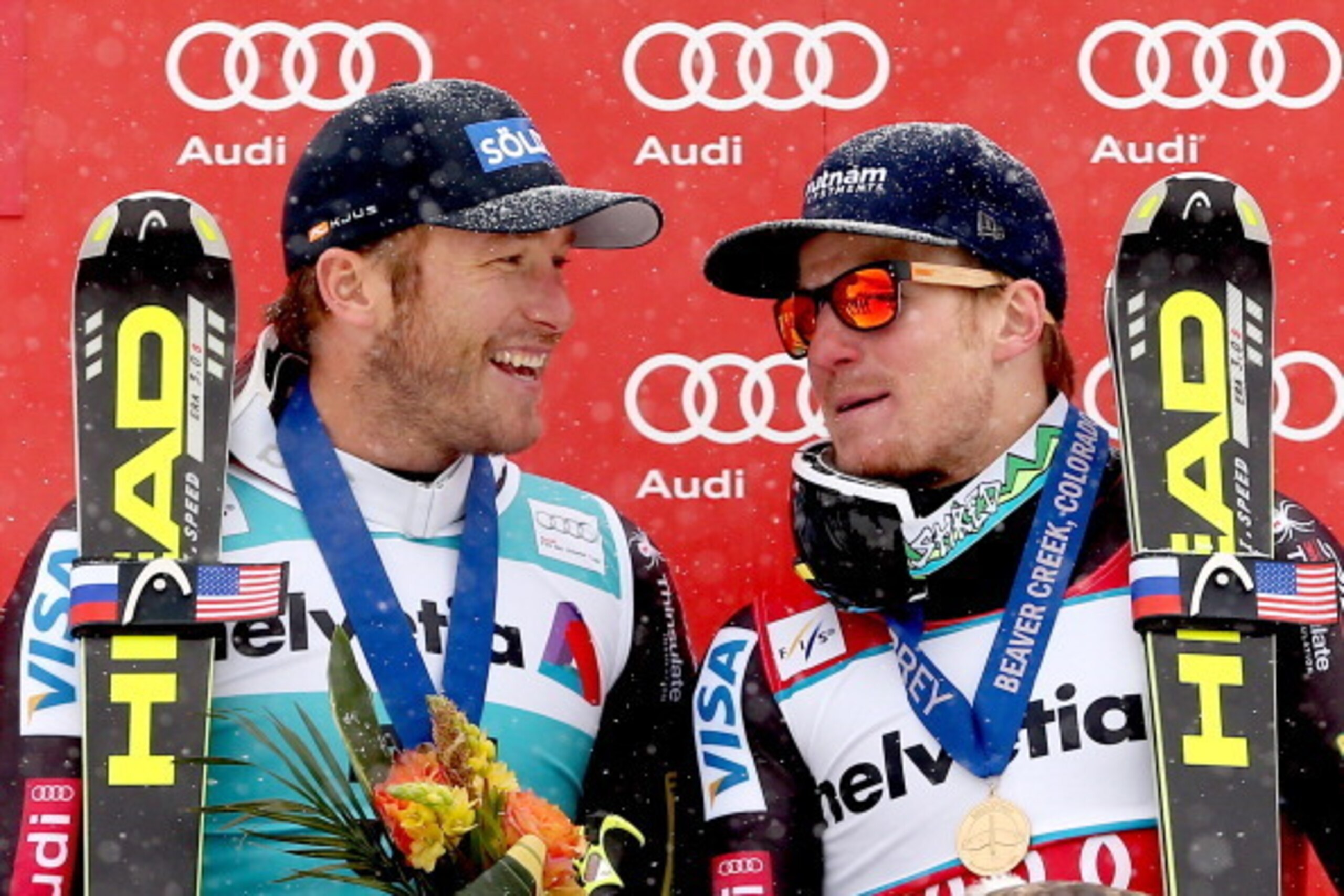 BEAVER CREEK, CO - DECEMBER 08:  Bode Miller #31 and Ted Ligety #6 talk while on the medal's podium during the men's Giant Slalom race at the Birds of Prey Audi FIS Ski World Cup on December 8, 2013 in Beaver Creek, Colorado.  (Photo by Matthew Stockman/G