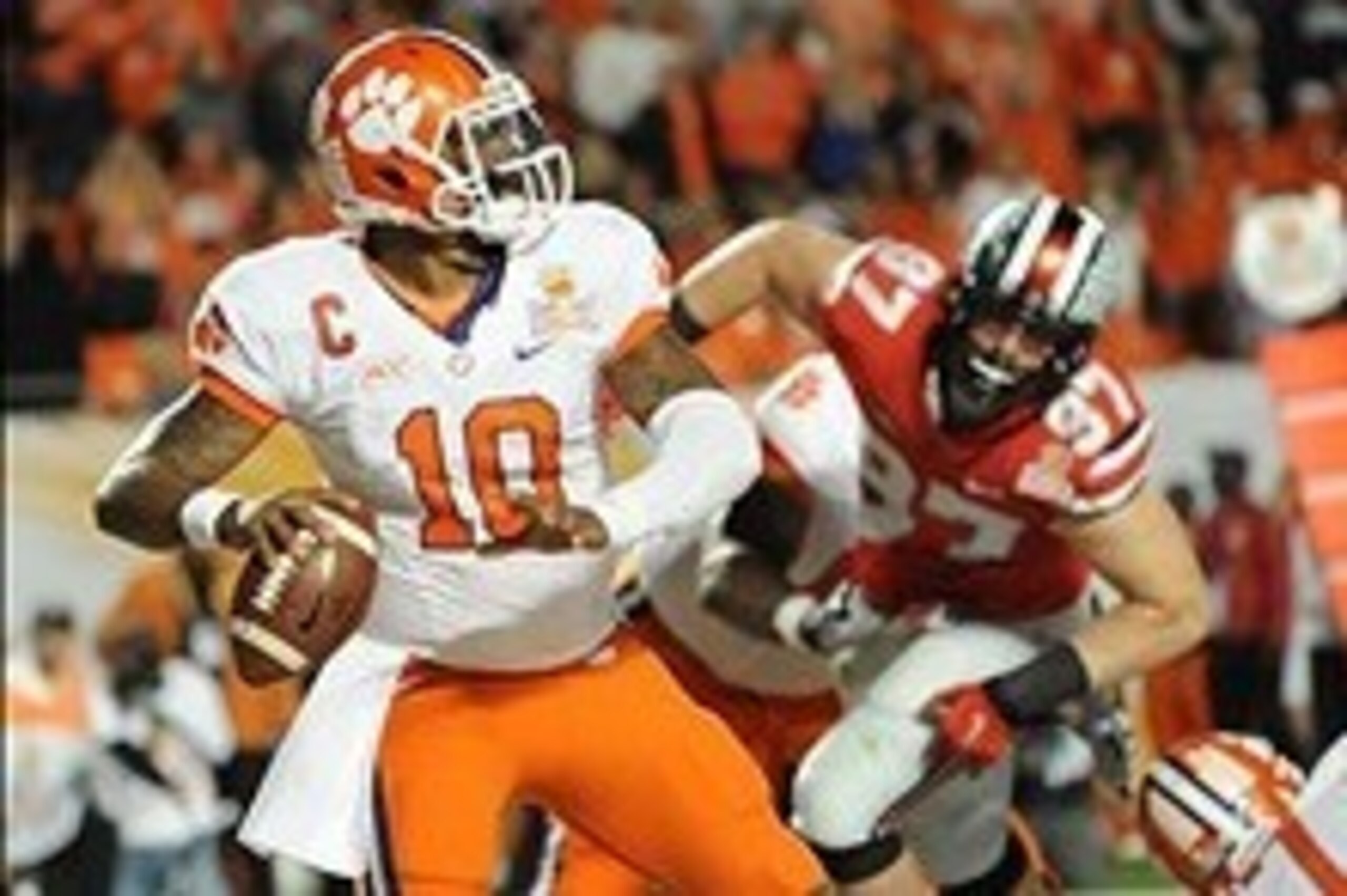 Jan 3, 2014; Miami Gardens, FL, USA; Clemson Tigers quarterback Tajh Boyd (10) throws a pass from the end zone against Ohio State Buckeyes during the first half in the 2014 Orange Bowl college football game at Sun Life Stadium. Mandatory Credit: Steve Mit