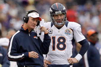 BALTIMORE, MD - DECEMBER 16: Quarterback Peyton Manning #18 of the Denver Broncos talks with offensive Coordinator Mike McCoy during the second half against the Baltimore Ravens at M&T Bank Stadium on December 16, 2012 in Baltimore, Maryland.  (Photo by R