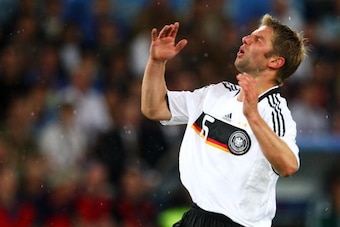 BASEL, SWITZERLAND - JUNE 19:  Thomas Hitzlsperger of Germany reacts during the UEFA EURO 2008 Quarter Final match between Portugal and Germany at St. Jakob-Park on June 19, 2008 in Basel, Switzerland.  (Photo by Laurence Griffiths/Getty Images)