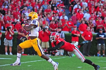 ATHENS, GA - SEPTEMBER 28: Jarvis Landry #80 of the LSU Tigers runs with a catch for a touchdown against Damian Swann #5 of the Georgia Bulldogs at Sanford Stadium on September 28, 2013 in Athens, Georgia. (Photo by Scott Cunningham/Getty Images)
