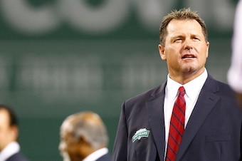 BOSTON, MA - SEPTEMBER 26:  Former Boston Red Sox player Roger Clemens is honored during a ceremony for the All Fenway Park Team prior to the game against the Tampa Bay Rays on September 26, 2012 at Fenway Park in Boston, Massachusetts.  (Photo by Jared W