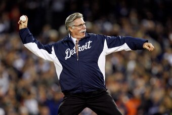 DETROIT, MI - OCTOBER 16:  Former Detroit Tigers pitcher Jack Morris throws out the ceremonial first pitch against the New York Yankees during game three of the American League Championship Series at Comerica Park on October 16, 2012 in Detroit, Michigan.