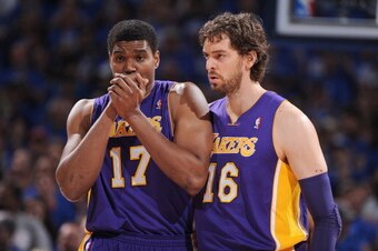 OKLAHOMA CITY, OK - MAY 21:  Andrew Bynum #17 of the Los Angeles Lakers and Pau Gasol #16 of the Los Angeles Lakers look on in Game Five of the Western Conference Semifinals between the Los Angeles Lakers and the Oklahoma City Thunder during the 2012 NBA