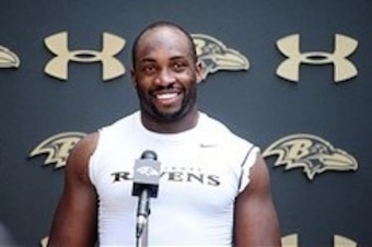 May 22, 2013; Baltimore, MD, USA; Baltimore Ravens linebacker Elvis Dumervil (58) is interviewed after organized team activities at the Under Armour Training Facility. Mandatory Credit: Evan Habeeb-USA TODAY Sports