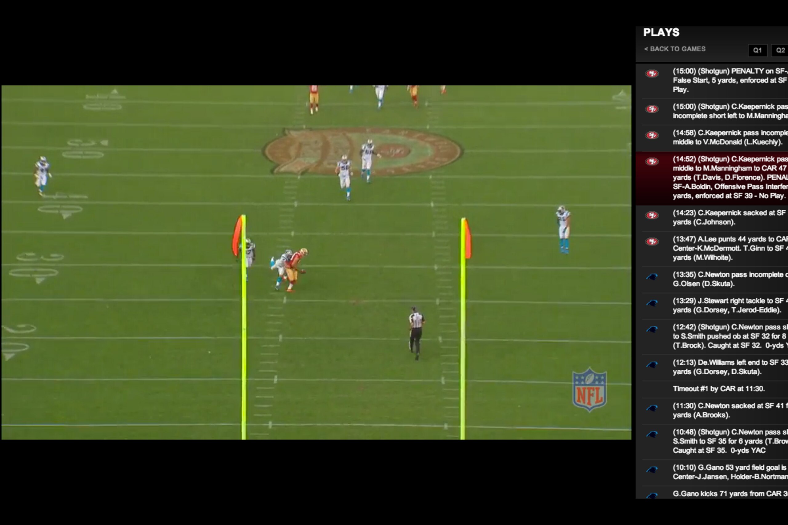 Kaepernick's pass lands right in the hands of McDonald as he crosses the 25-yard line with plenty of forward momentum.