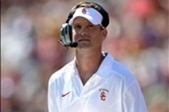 Sep 14, 2013; Los Angeles, CA, USA; Southern California Trojans coach Lane Kiffin reacts during the game against the Boston College Eagles at Los Angeles Memorial Coliseum. USC defeated Boston College 35-7. Mandatory Credit: Kirby Lee-USA TODAY Sports