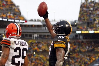 PITTSBURGH, PA - DECEMBER 29:  Jerricho Cotchery #89 of the Pittsburgh Steelers reacts after scoring a nine yard touchdown against the Cleveland Browns during the game on December 29, 2013 at Heinz Field in Pittsburgh, Pennsylvania.  (Photo by Justin K. A