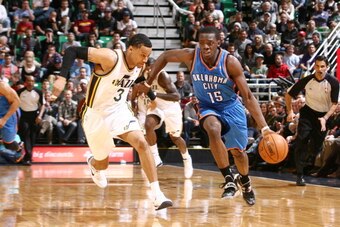 SALT LAKE CITY, UT - JANUARY 07:  Reggie Jackson #15 of the Oklahoma City Thunder drives against Trey Burke #3 of the Utah Jazz  at EnergySolutions Arena on January 07, 2014 in Salt Lake City, Utah. NOTE TO USER: User expressly acknowledges and agrees tha