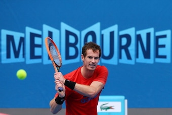 MELBOURNE, AUSTRALIA - JANUARY 06:  Andy Murray of Great Britain hits a backhand during a practice session ahead of the 2014 Australian Open at Melbourne Park on January 6, 2014 in Melbourne, Australia.  (Photo by Michael Dodge/Getty Images)