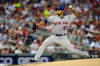 WASHINGTON, DC - AUGUST 17: Johan Santana #57 of the New York Mets throws a pitch against the Washington Nationals at Nationals Park on August 17, 2012 in Washington, DC. (Photo by Patrick McDermott/Getty Images)