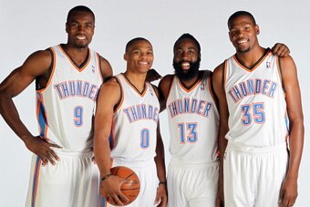 EDMOND, OK - OCTOBER 1: Serge Ibaka #9, Russell Westbrook #0, James Harden #13 and Kevin Durant of the Oklahoma City Thunder pose for a portrait during 2012 NBA Media Day on October 1, 2012 at the Thunder Events Center in Edmond, Oklahoma. NOTE TO USER: U