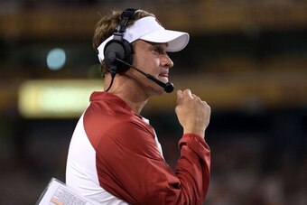 TEMPE, AZ - SEPTEMBER 28:  Head coach Lane Kiffin of the USC Trojans during the college football game against the Arizona State Sun Devils at Sun Devil Stadium on September 28, 2013 in Tempe, Arizona.  The Sun Devils defeated the Trojans 62-41.  (Photo by