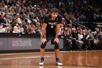 MINNEAPOLIS, MN - NOVEMBER 27:  Ricky Rubio #9 of the Minnesota Timberwolves stands on the court against the Denver Nuggets on November 27, 2013 at Target Center in Minneapolis, Minnesota. NOTE TO USER: User expressly acknowledges and agrees that, by down