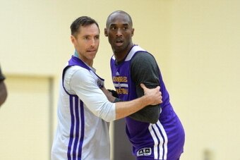 EL SEGUNDO, CA - DECEMBER 3:  Kobe Bryant #24 of the Los Angeles Lakers looks to get open against Steve Nash #10 of the Los Angeles Lakers during practice on December 3, 2013 at Toyota Sports Center in El Segundo, California. NOTE TO USER: User expressly 